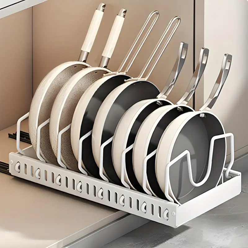 Ayarlanabilir Metal Tencere ve Tava Organizer | 8 Bölümlü, Çekmece Dolabı İçin Raylı ve Yapışkanlı Tencere Kapağı Tutucu